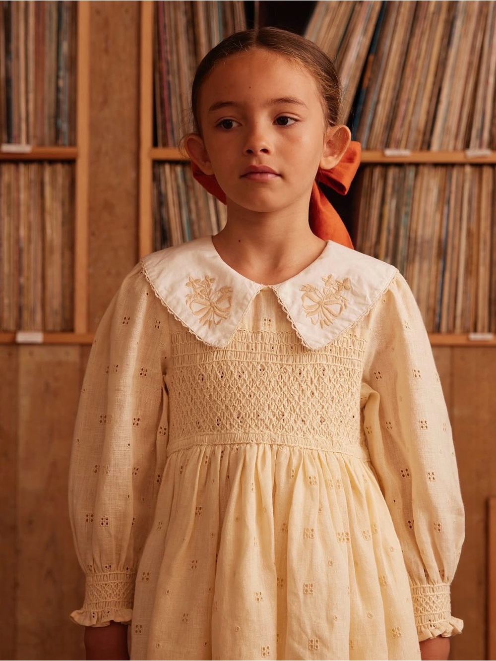 Apolina Cream Bow Embroidered Peter Pan Collar Dress